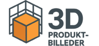 Logo med orange 3D-kasse og teksten '3D PRODUKTBILLEDER'